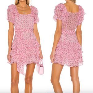 LoveShackFancy Kimbra Silk Dress in Pink Bonnet Mini Ruffle Floral Ribbon Print
